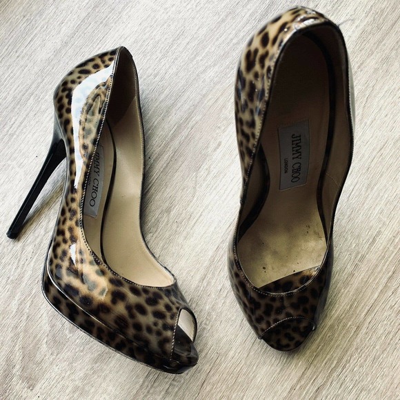 Jimmy Choo Leopard Patent Leather Peep Toe Pumps
